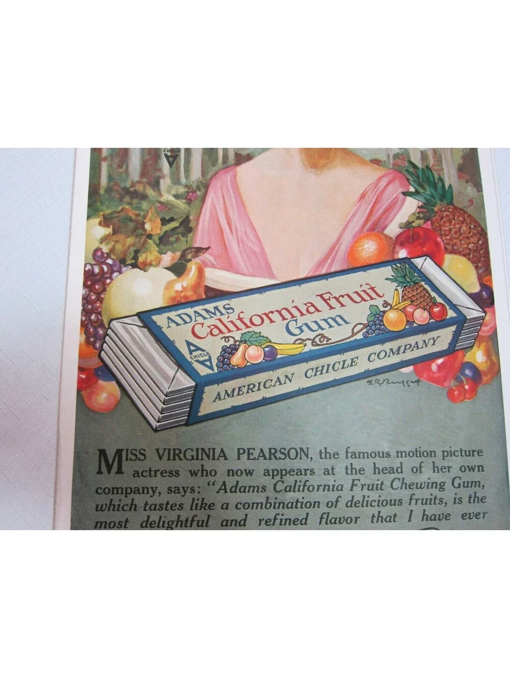 Antique 1919 Adams California Fruit Gum Ad Movie Star Virginia Pearson 14 x 9.5